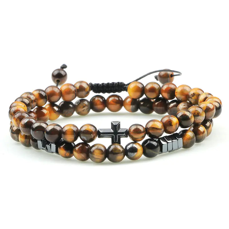 Cross Pendant Tiger Eye Beaded Bracelet