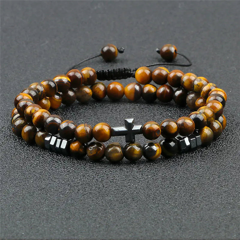 Cross Pendant Tiger Eye Beaded Bracelet